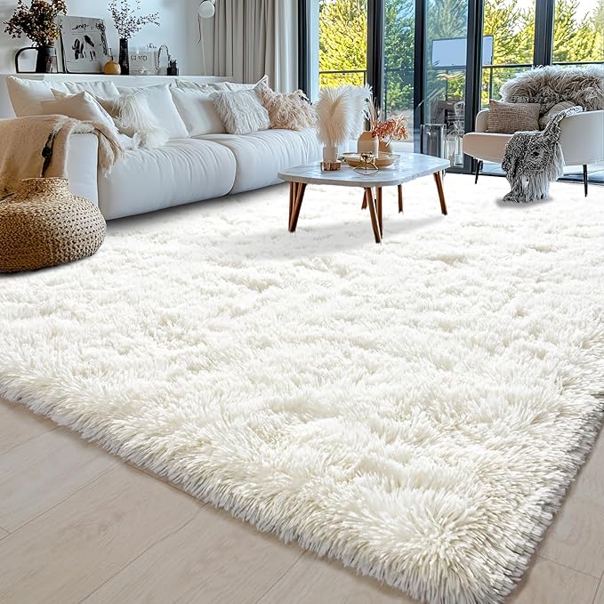 Area Rugs 10x14 for Living Room, Ultra Soft Fluffy Rugs for Bedroom, Non-Slip Furry Large Rug for Teen Girls and Boys,Nursery Kids Room Dorm Home Decor, High Pile Plush Floor Carpet, Cream White