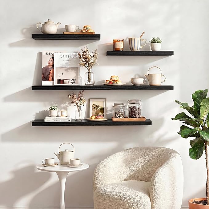Dreamland 20 Inches Floating Shelves for Wall, 9.3" Deep Long Floating Shelves Set of 2, Large Display & Storage Shelf, Wall Shelf for Bathroom Bedroom Living Room Kitchen Office, Black