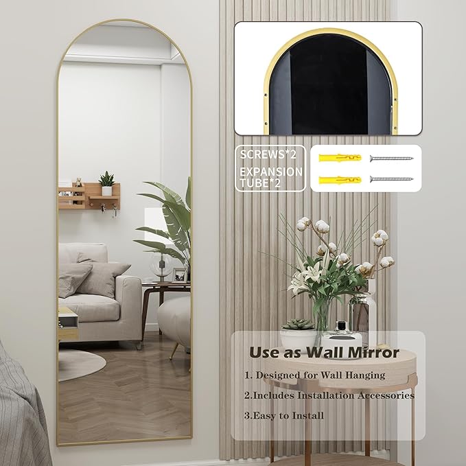 Arched Full Length Door Mirror 14x48, Metal Frame with Protective Film, No-Drilling Hanging or Wall Mount, Hooks & Hardware Included, Full Body Mirror for Bedroom, Dorm, Gold