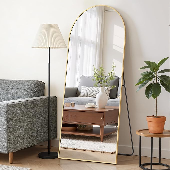 Mirror Full Length 65"x24" Full Body Floor Mirror with Stand, Shatterproof Glass, Aluminum Alloy Frame, Free Standing Wall Mounted or Leaning Arched Mirrors for Bedroom Living Room Entryway