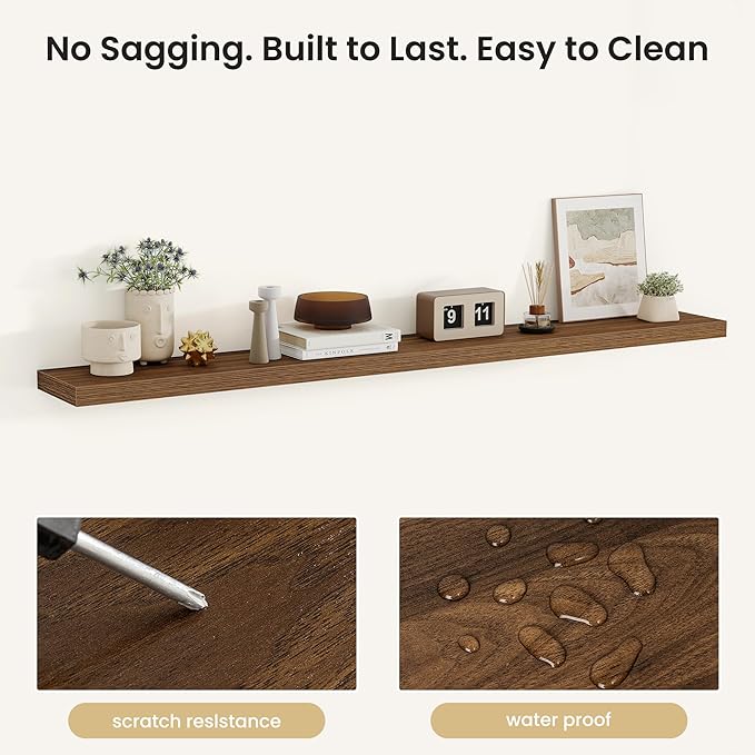 Fun Memories Rustic Wood Floating Shelves for Wall, Space-Saving Wall Mounted Shelves for Bathroom, Bedroom, Living Room and Kitchen, Stylish Storage & Display (Set of 2, Walnut, 66 in)