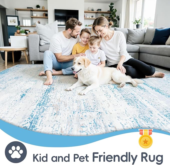 5x7 Area Rugs Washable Rug:Anti-Skid Abstract Modern Living Room Rug Soft Thin Carpets Indoor Floor Non-Shedding Carpet for Bedroom Dining Farmhouse Nursery Home Office(Light Blue/White/Beige, 5x7)