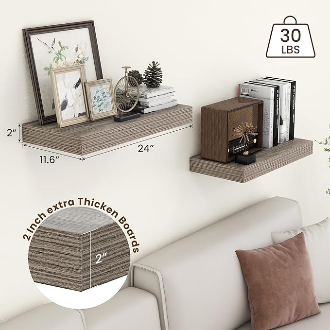 FLYJOE Deep Floating Shelves | 24 Inch Grey Floating Shelves Set of 2 | 12 Inch Deep Rustic Wood Shelves for Wall | 24" W x 12" D Grey Shelves for Living Room Bathroom Laundry Room Kitchen