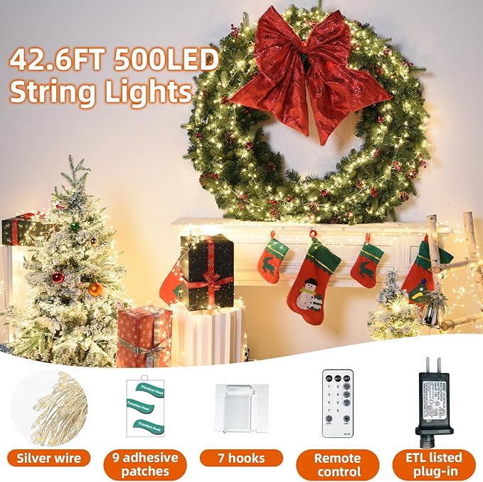 Fairy Lights Plug in 500 Led Small Warm String Fairy Lights with Remote Timer 42Ft Waterproof Long Fairy Twinkle Light for Bedroom Wedding Christmas Tree Garland Wreath Decor Silver Wire