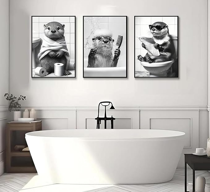 3Pcs Cute Otter Canvas Wall Art Black And White Animal Poster Print Funny otter bathing and reading newspaper Picture Painting Wall Decor for Bathroom Restroom Home Decoration Unframed