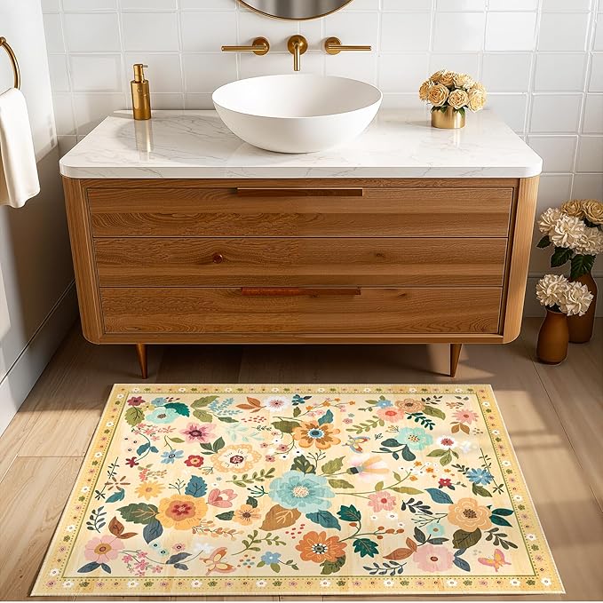RELEANY Floral Nursery 2x3 Area Rugs Washable Print Boho Cute Carpet Non Slip Flower Low Pile for Living Room Kids Girls Plaroom Bedroom Kitchen Office Farmhouse-Ivory/Yellow