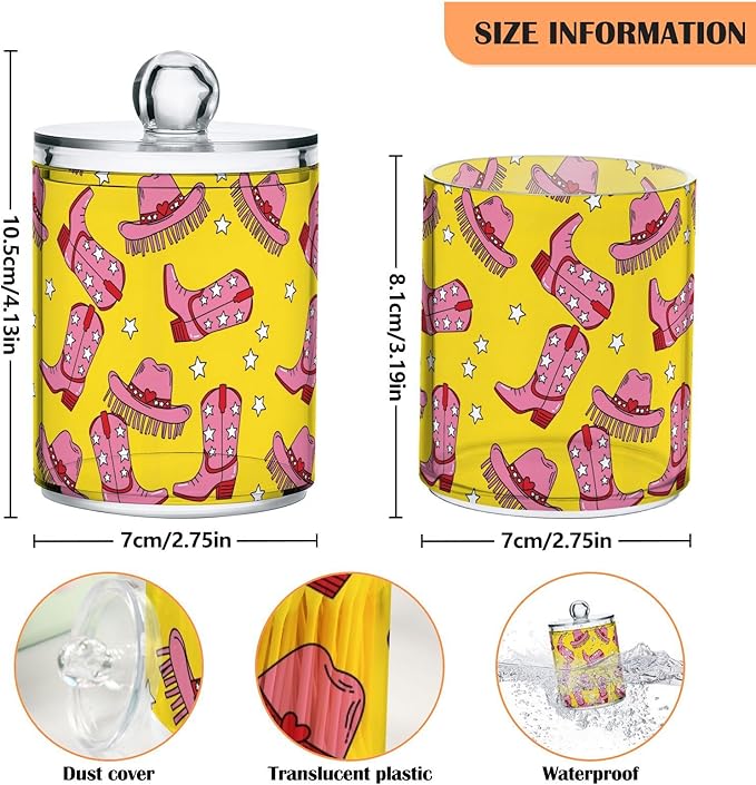 Western Cowboy Stars Yellow Bathroom Containers Holder with Lids Set Clear Jars 2 Pack Plastic Makeup Storage Organizer 4.13 x 2.75In for Vanity Balls Floss Picks