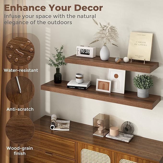32 Inch Walnut Floating Shelves for Wall, 12 Inch Deep Shelves for Bathroom|Kitchen|Bedroom, Wall Mounted Rustic Wood Floating Shelf with Invisible Brackets for Books|Storage|Decor, 2 Pack