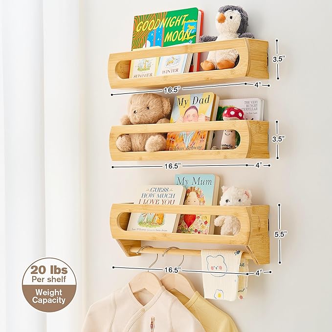 Nursery Shelves for Wall, Premium Bamboo Wood, Fully Assembled - Nursery Book Shelves, Book Shelf for Kids Rooms, Multi-Use Floating Shelves for Wall, Set of 3 (Natural, 16.5 Inches)