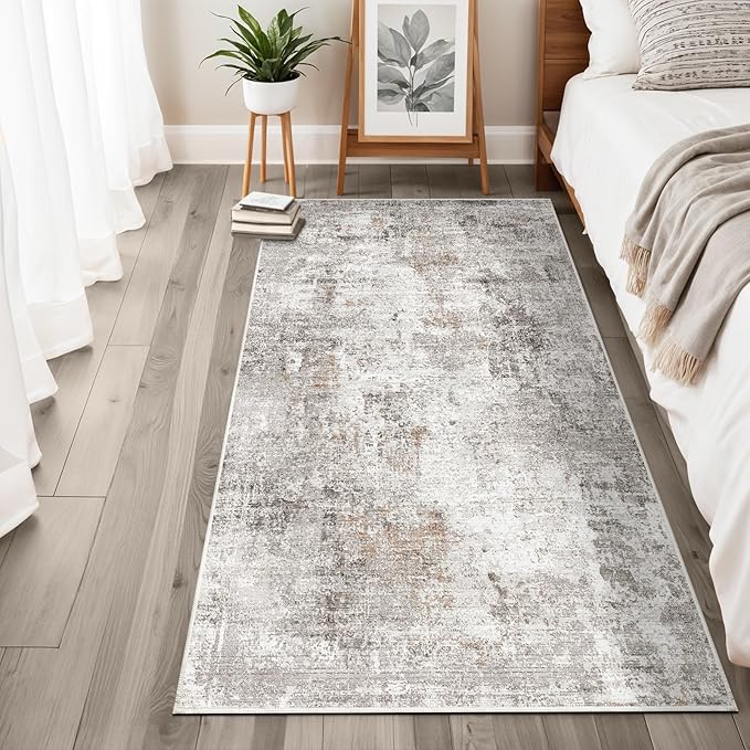 3x6 Washable Non-Slip Kitchen Runner Rug with Rubber Backing Modern Abstract Stain Resistant Floor Carpet Runner for Hallway, Entryway, Bedroom, Living Room - Beige/Grey/Brown