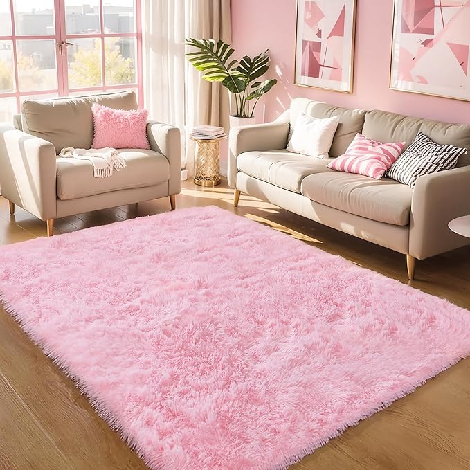 KCHOWUA Pink Fluffy Area Rug for Girls' Bedroom, 5'x8' Machine Washable Plush Pastel Shag Rug, Large Soft Furry Carpet for Living Room, Nursery, Kids' Room, or Dorm Décor