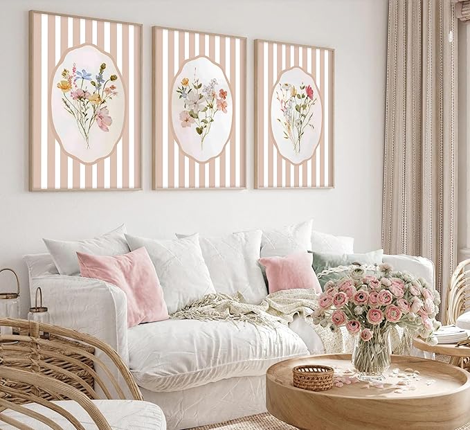 3Pcs Pink Flower Wall Art Light Pink Striped Plant Painting Picture Wall Decor Elegant wildflowers Poster Print Artwork for Bedroom Preppy dormitory Living Nursery Room Home Decoration