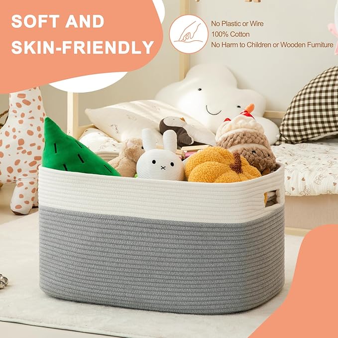 75L Large Cotton Rope Basket, Soft Toy Storage Bin for Nursery & Living Room, Decorative Blanket Basket for Bedroom, Baby-Safe Organizer for Pillows &Laundry, 22''×17''×12'', Grey and White