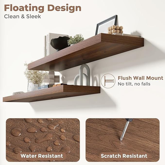 48 Inch Floating Shelves for Wall with Invisible Brackets Set of 2, 9"D Engineered Wood Wall Shelves with Wood Grain for Living Room, Bedroom, Bathroom, Kitchen Decor and Storage, Walnut Finish