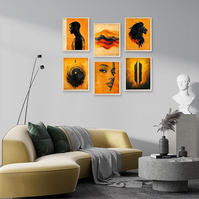 Eastern Print Set of 6 Abstract Masculine Wall Art Prints – Bold Orange & Black Lion, Silhouette, Face Line Posters – Modern Unframed 8x10 Decor for Men’s Room, Office, Man Cave or Creative Studio