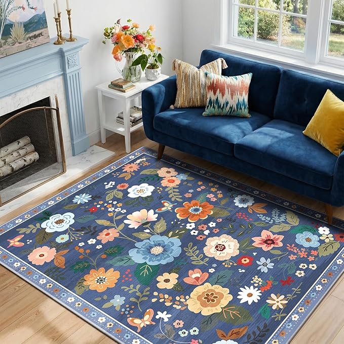 RELEANY Floral Nursery 4x6 Area Rugs Washable Print Boho Cute Carpet Non Slip Flower Low Pile for Living Room Kids Girls Playroom Bedroom Kitchen Office Farmhouse-Blue/Grey
