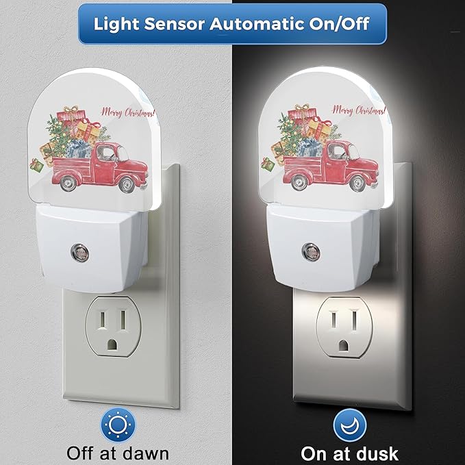 Merry Christmas Night Light,Dusk to Dawn Round Red Truck Gifts Night Lights Plug Into Wall for Home Indoor Staircase Kitchen Corridor