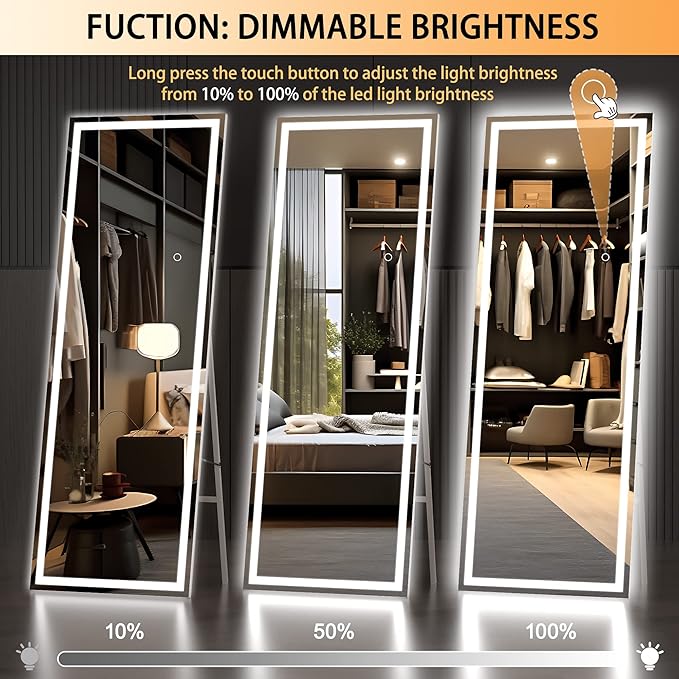 Hasipu Full Length Mirror with Lights, 67" x 22" LED Lighted Floor Standing, Full Body Dressing Hanging Mounted Mirror, Tempered Glass, Square White