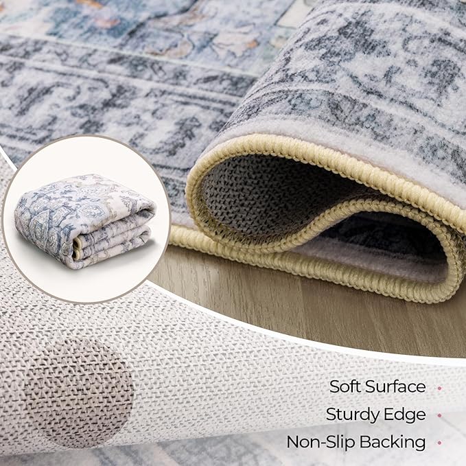 CAPALOCA Machine Washable Rugs Nursery Rug 8x10 Cute Girl Non Slip Low Pile Water Repellent Soft Print Pattern for Bedroom Indoor Decor Kids Playroom Blue White