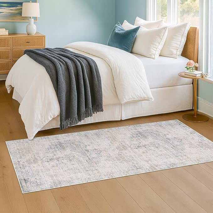 Hazo Haus Light Blue 2x6 Non Slip Bathroom Runner Rug - Blue Gray Washable Rug for Kitchen, Hallway, Non Slip with Rubber Backing, Boho Modern Abstract Runner Home Décor