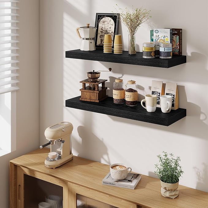 Fun Memories Floating Shelves for Wall, 32 Inch Long Floating Shelves Set of 2, 32 x 10 Wooden Shelves for Wall, Large Storage Shelves, Hanging Shelves for Bathroom Kitchen Bedroom, Black