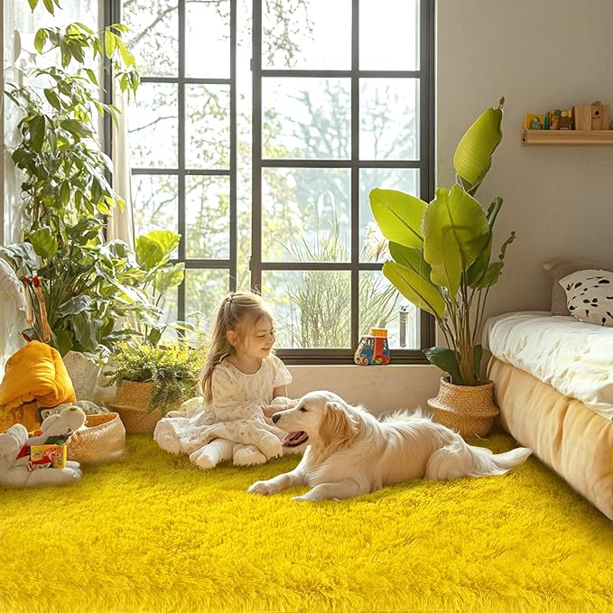 Yellow Fluffy Area Rug for Bedroom: Soft Plush Rugs for Kids Room - Non-Slip Carpet for Girls Bedroom Home Decor Aesthetic(4x6 Feet)