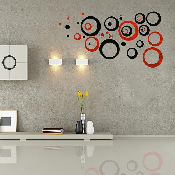32 Pieces Removable Circle Wall Mirror Sticker Round Decal Acrylic Setting for Home Living Room Bedroom Decor, 1.5-13.5 cm(Red and Black)