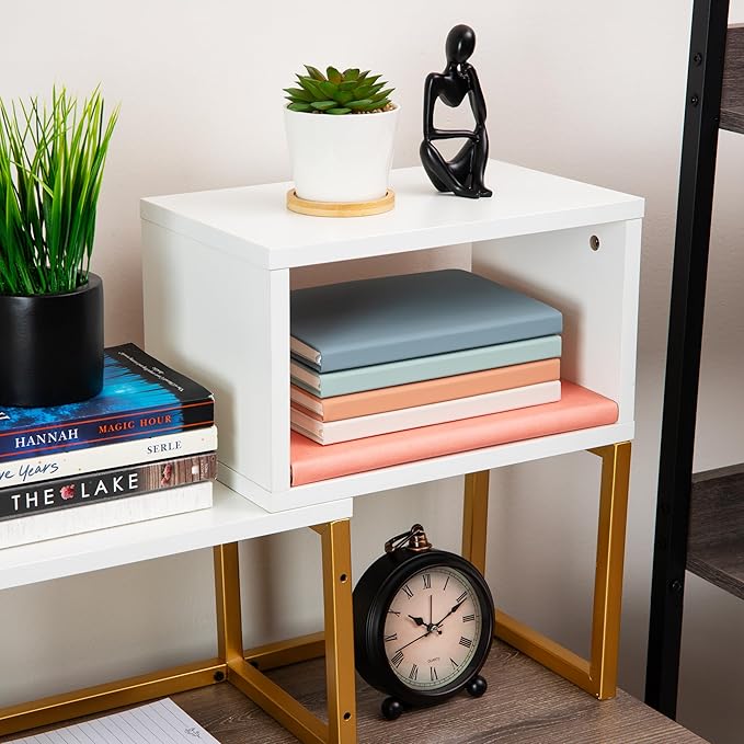 Mind Reader Floating Shelves, Wall-Mounted Office Organizers, Modern MDF Display Storage with Metal Rail, Set of 2, White