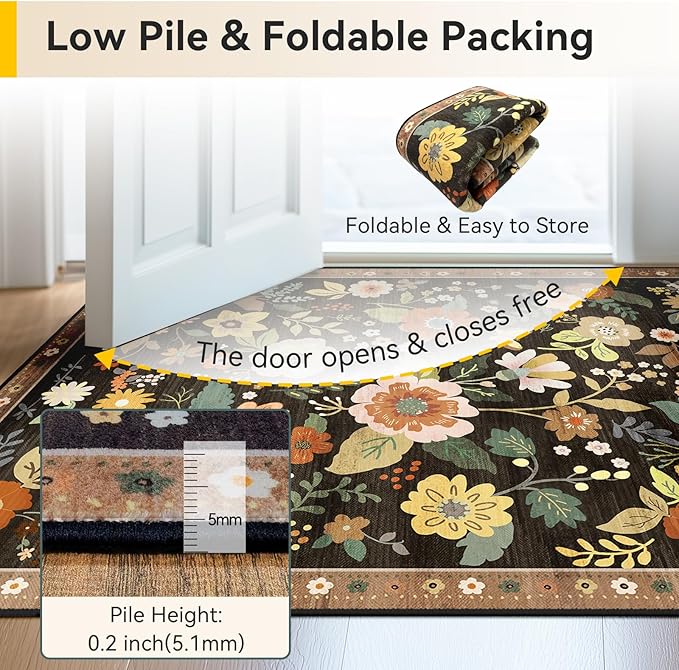 RELEANY Floral Nursery 5x7 Area Rugs Washable Print Boho Cute Carpet Non Slip Flower Low Pile for Living Room Kids Girls Playroom Bedroom Kitchen Office Farmhouse-Black/Yellow/Red
