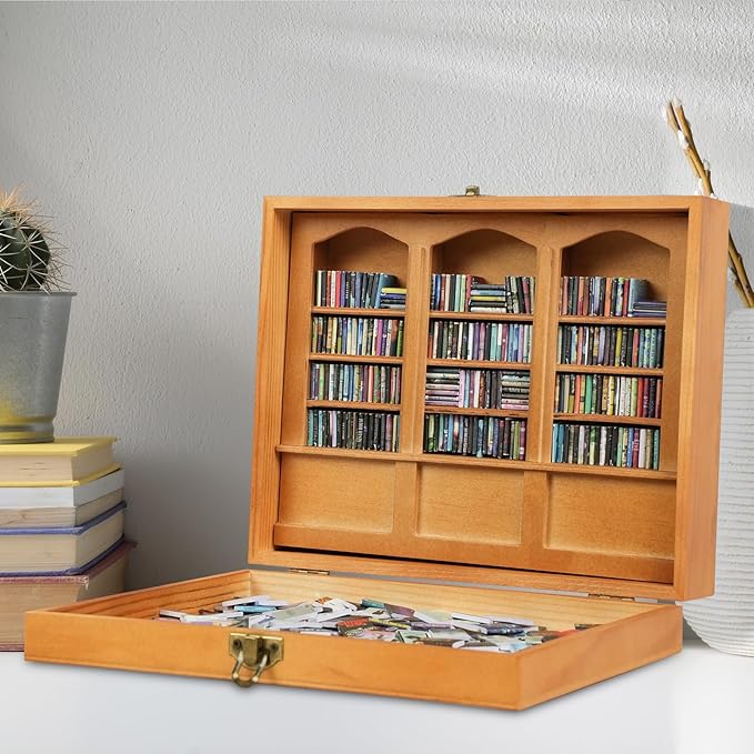 Anxiety Bookshelf - Shake Off Your Anxiety,Miniature Display Shelf,Contains 240 Miniature Book Models,Antique Style Gift Decoration Mini Bookshelf (Brown)