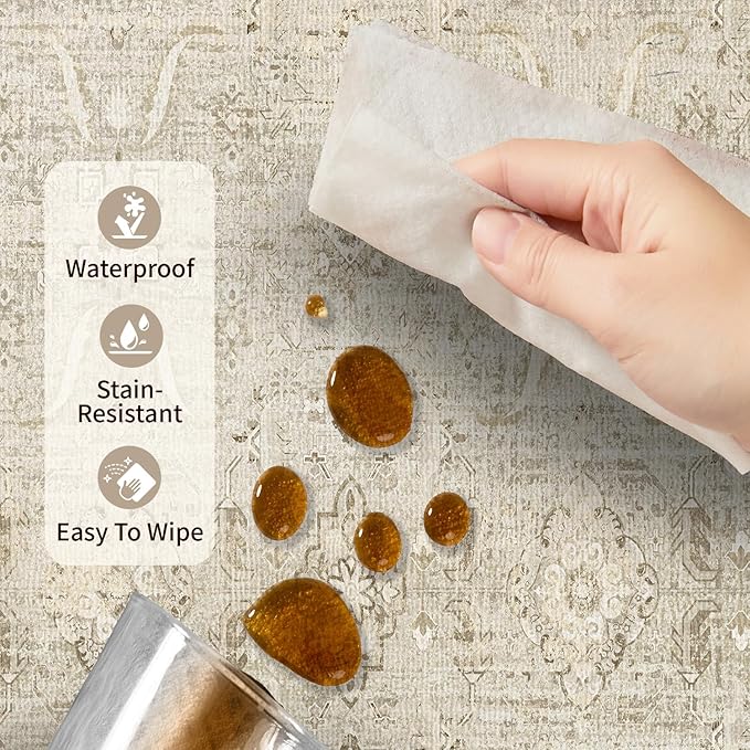 Rugxara 9x12 Area Rugs for Living Room Bedroom, Large Washable Rug, Beige Vintage Retro Boho Rug, Non Slip & Low Pile Faux Wool Carpet for Indoor Dining Room and Kids Room(Beige 9x12ft)