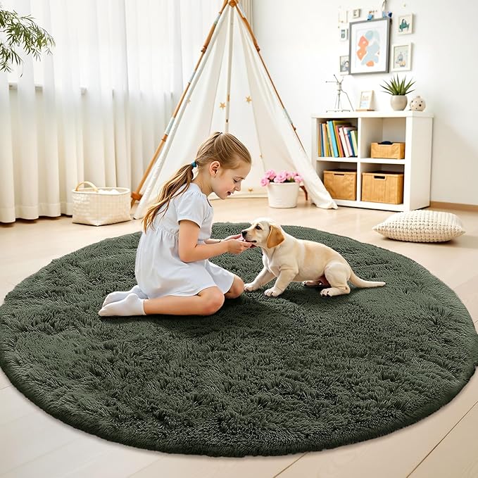 OLANLY Olive Green Round Rugs for Bedroom - Machine Washable, 7 ft Circle Area Rugs for Living Room, Soft and Fluffy Shaggy Carpet for Teen Girl and Boys, Nursery Rooms, Dorms, Home Decor Aesthetic
