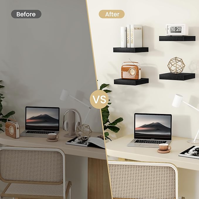 Fun Memories Floating Shelves for Wall, Rustic Wood Wall Mounted Shelves for Bathroom, Bedroom, Living Room & Kitchen, Storage Display Shelves, (Set of 3, Black, 12 in)