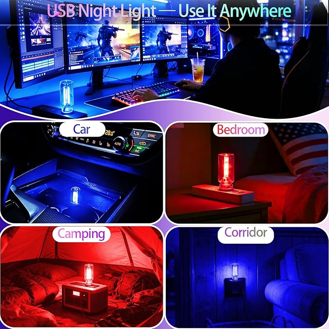 4 Pack USB Ambient Light Set,Mini Vintage Glass USB Night Lights with Touch Control & Dimmable, Plug in Car Interior Atmosphere Lamp for Bedroom,Laptop,Portable Mood Lighting(2 Red 2 Blue)