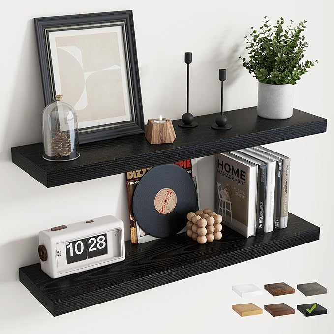 24 Inch Floating Shelves for Wall with Invisible Brackets Set of 2, 8"D Engineered Wood Wall Shelves with Wood Grain for Living Room, Bedroom, Bathroom, Kitchen Decor and Storage, Black Finish