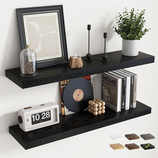 24 Inch Floating Shelves for Wall with Invisible Brackets Set of 2, 8"D Engineered Wood Wall Shelves with Wood Grain for Living Room, Bedroom, Bathroom, Kitchen Decor and Storage, Black Finish