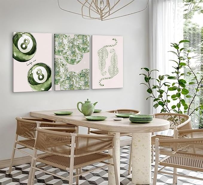 3Pcs Framed Trendy Leopard Disco Ball Canvas Wall Art Sage Green Lucky Poster Prints Preppy Ace Cards Wall Decor pictures for Girly Bedroom Apartment Dorm Decoration