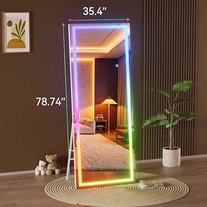 Hasipu 79"x35" LED RGB Bluetooth Full Length Mirror with Lights, Full Body Mirror with Stand, Wall Mount & Free Standing Floor Mirror for Bedroom Living Room Cloakroom, 7 Color & Brightness Adjustable