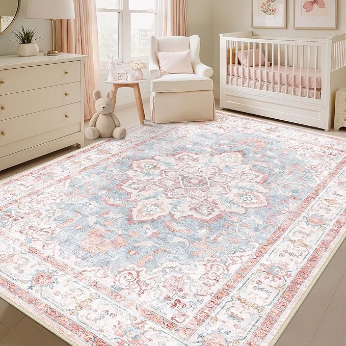 CAPALOCA Machine Washable Rugs Nursery Rug 5x7 Cute Girl Non Slip Low Pile Water Repellent Soft Print Pattern for Bedroom Indoor Decor Kids Playroom Pink Blue