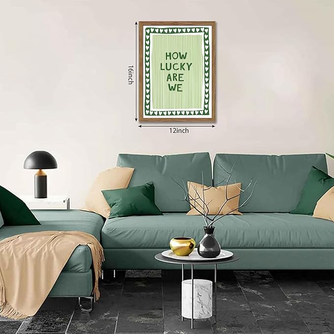 How Lucky Are We Wall Art, Vintage Green Inspirational Canvas Wall Decor Painting, Trendy Preppy Stripe Quotes Posters Prints Pictures for Bedroom Dorm Apartment Decor 12x16 Inch Framed