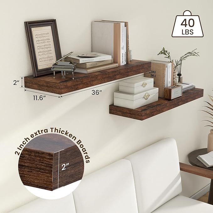 FLYJOE Deep Floating Shelves | 36 Inch Brown Floating Shelves Set of 2 | 12 Inch Deep Rustic Wood Shelves for Wall | 36" W x 12" D Brown Shelves for Living Room Bathroom Laundry Room Kitchen