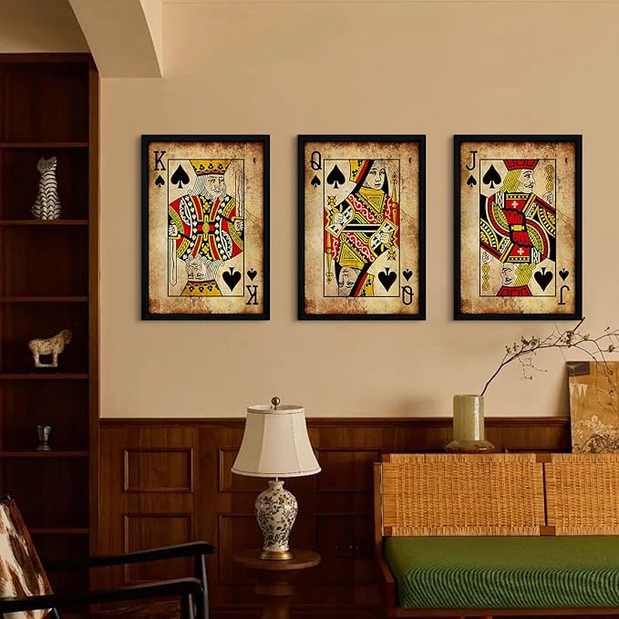Playing Card Wall Art Poster Vintage Poker Canvas Wall Decor Retro Game Room Art Picture Joker King Queen Poster Trendy Retro Prints Vintage Poker Painting Artwork for Bedroom 16x24 Inch Framed 3Pcs