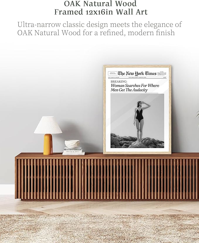 iHery Natural OAK Wood Framed Trendy NewsPaper Wall Art,12x16in Retro Magazine Canvas Wall Art, Funny Bathroom Decor,Woman Searches For Where Men Get The Audacity,Girly Bedroom Dorm Artwork 1Pack