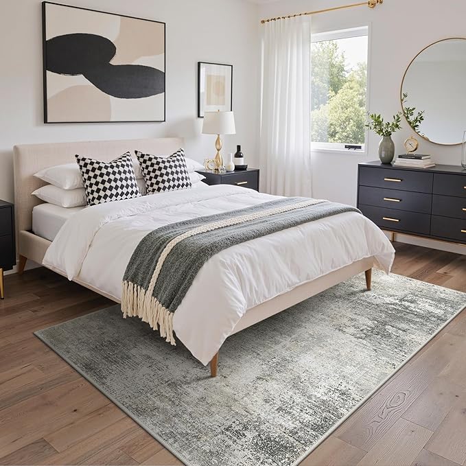 GENIMO Washable Rugs 5x7 Area Rugs for Living Room Bedroom, Modern Lightweight Rug Ultra Soft Indoor Area Rugs 5x7 for Dining Room, Low Pile Carpet with Non Slip Backing, Mist Grey