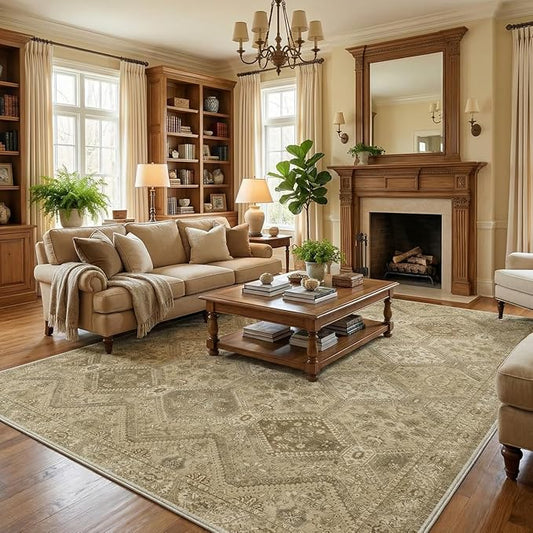 GENIMO 8x10 Area Rugs for Living Room, Machine Washable Non Slip Vintage Rugs, Low Pile Lightweight Print Rug for Bedroom, Dining Room, Home Office, Tan Brown
