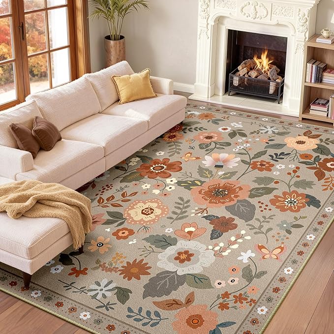 RELEANY Floral Nursery 9x12 Area Rugs Washable Print Boho Cute Carpet Non Slip Flower Low Pile for Living Room Kids Girls Playroom Bedroom Kitchen Office Farmhouse-Brown/Brick