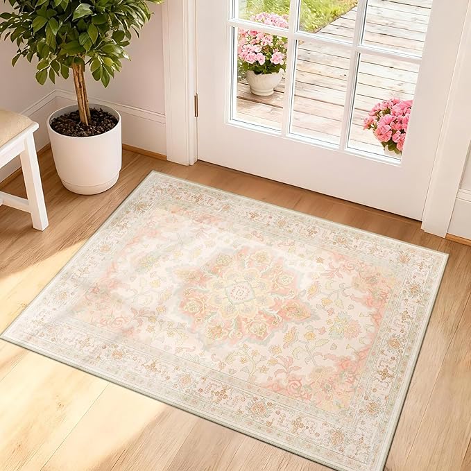 CAPALOCA Machine Washable Rugs Nursery Rug 2x3 Cute Girl Non Slip Low Pile Water Repellent Soft Print Pattern for Bedroom Indoor Decor Kids Playroom Pink Green