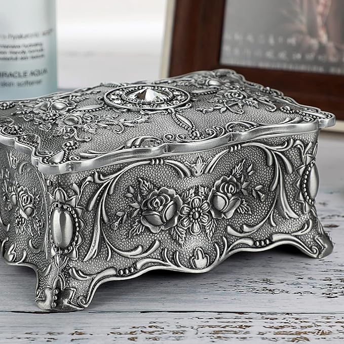 Hipiw Vintage Jewelry Organizer Box - Metal Trinket Storage Box Ornate Treasure Chest Box Jewelry Decorative box Keepsake Gift Box Case for Women,4.9"x3.4"x2.7"