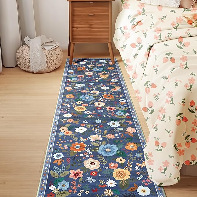RELEANY Floral Nursery 2x8 Area Rugs Washable Print Boho Cute Carpet Non Slip Flower Low Pile for Living Room Kids Girls Playroom Bedroom Kitchen Office Farmhouse-Blue/Grey