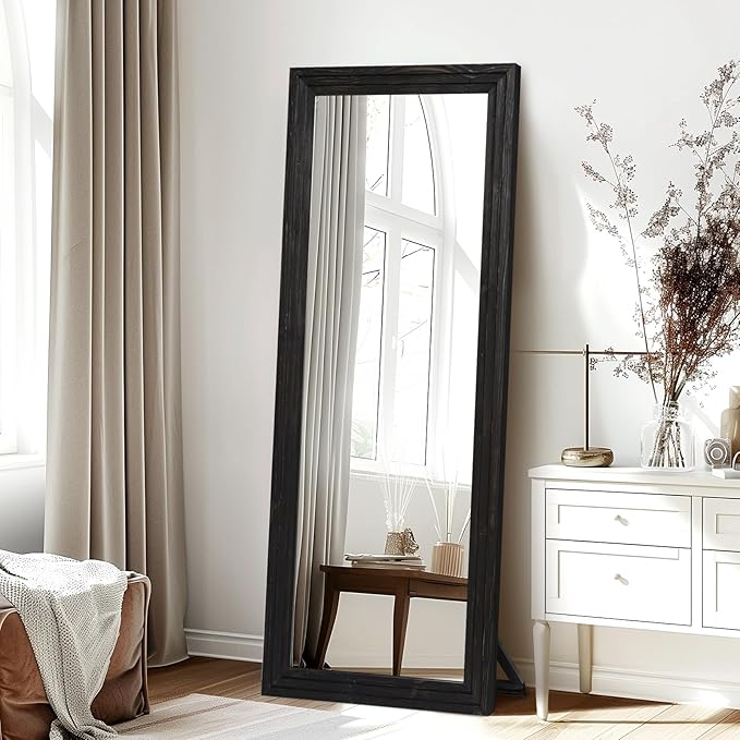 65"x22" Full Length Mirror Solid Wood Frame Floor Mirror with Stand for Living Room, Bedroom Hanging Standing or Leaning, Black